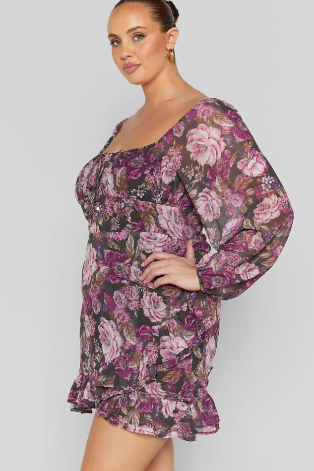 Grizela Mini Dress 8211 Gathered Bust Long Sleeve Dres In Harvest Floral Women Showpo Curve Clothes