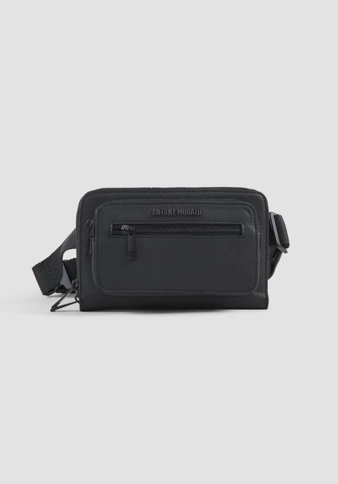 Handbags Men Antony Morato Belt Bag With Pocket In Hammered Effect Faux Leather Black