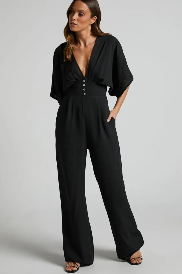 Hanlou Jumpsuit 8211 Flutter Sleeve VNeck Button Front Wide Leg Jumpsuit In Black Women Showpo Jumpsuits