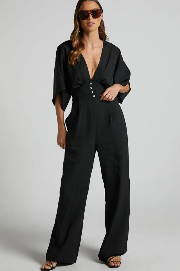 Hanlou Jumpsuit 8211 Flutter Sleeve VNeck Button Front Wide Leg Jumpsuit In Black Women Showpo Jumpsuits Hanlou Jumpsuit 8211 Flutter Sleeve VNeck Button Front Wide Leg Jumpsuit In Black Women Showpo Jumpsuits
