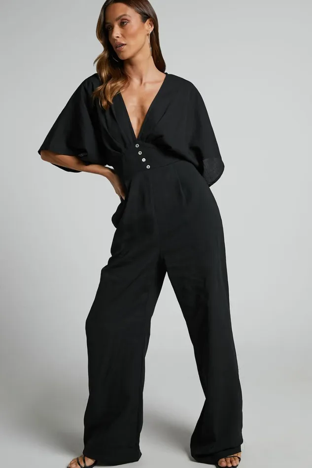 Hanlou Jumpsuit 8211 Flutter Sleeve VNeck Button Front Wide Leg Jumpsuit In Black Women Showpo Jumpsuits Hanlou Jumpsuit 8211 Flutter Sleeve VNeck Button Front Wide Leg Jumpsuit In Black Women Showpo Jumpsuits