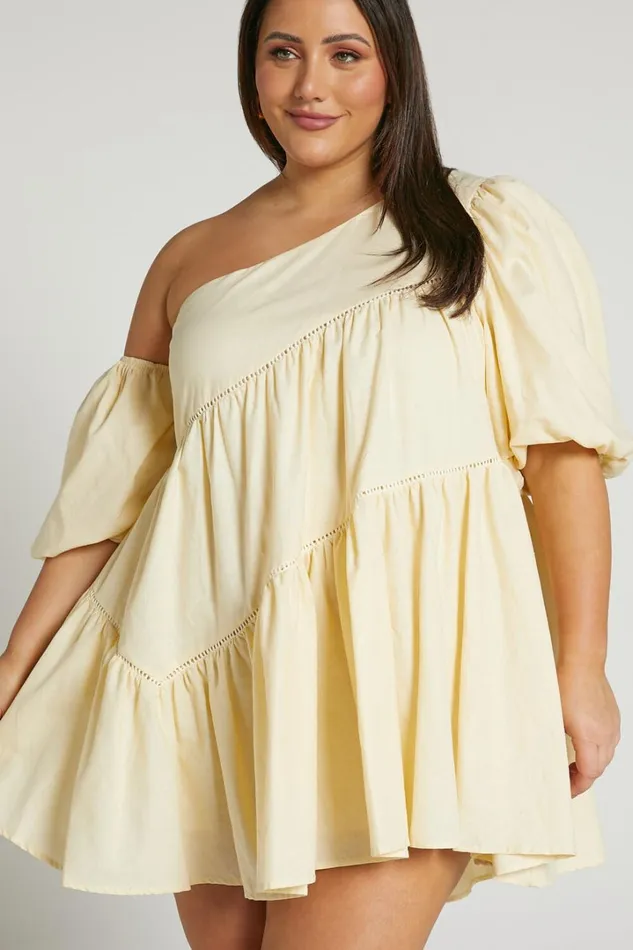 Harleen Mini Dress 8211 Linen Look Asymmetrical Trim Puff Sleeve Dress In Beige Women Showpo Curve Clothes