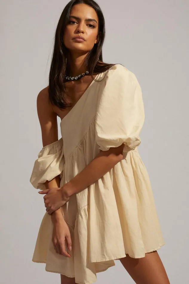 Harleen Mini Dress 8211 Linen Look Asymmetrical Trim Puff Sleeve Dress In Beige Women Showpo Curve Clothes