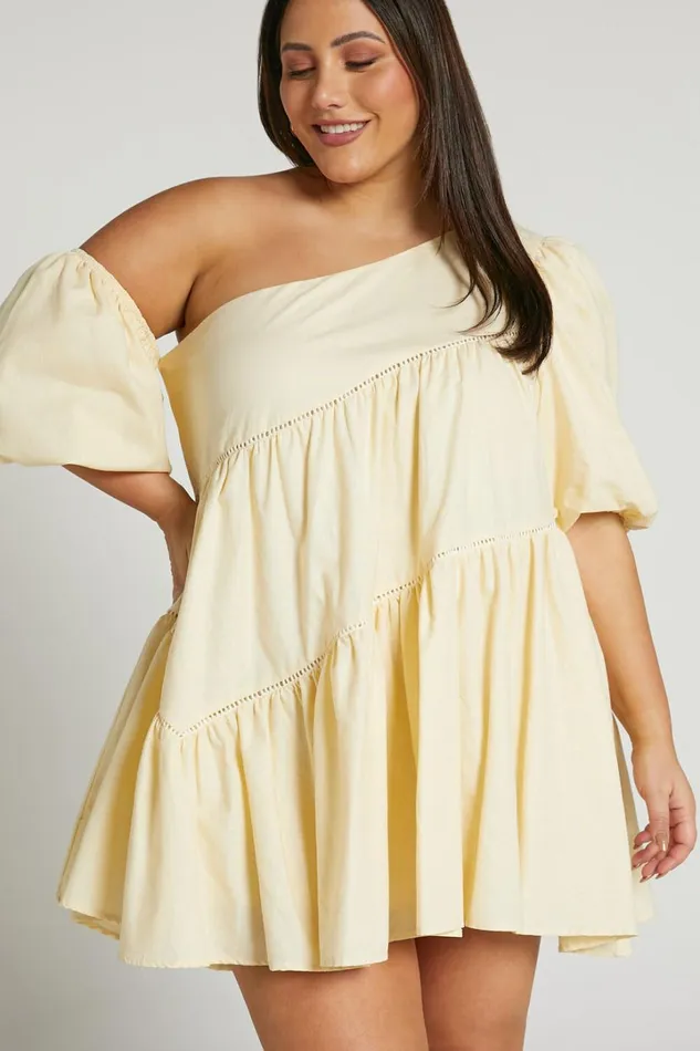 Harleen Mini Dress 8211 Linen Look Asymmetrical Trim Puff Sleeve Dress In Beige Women Showpo Curve Clothes