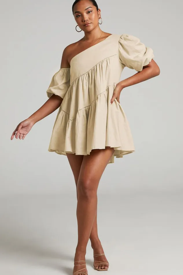 Harleen Mini Dress 8211 Linen Look Asymmetrical Trim Puff Sleeve Dress In Beige Women Showpo Curve Clothes