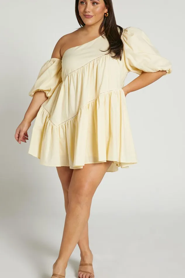 Harleen Mini Dress 8211 Linen Look Asymmetrical Trim Puff Sleeve Dress In Beige Women Showpo Curve Clothes