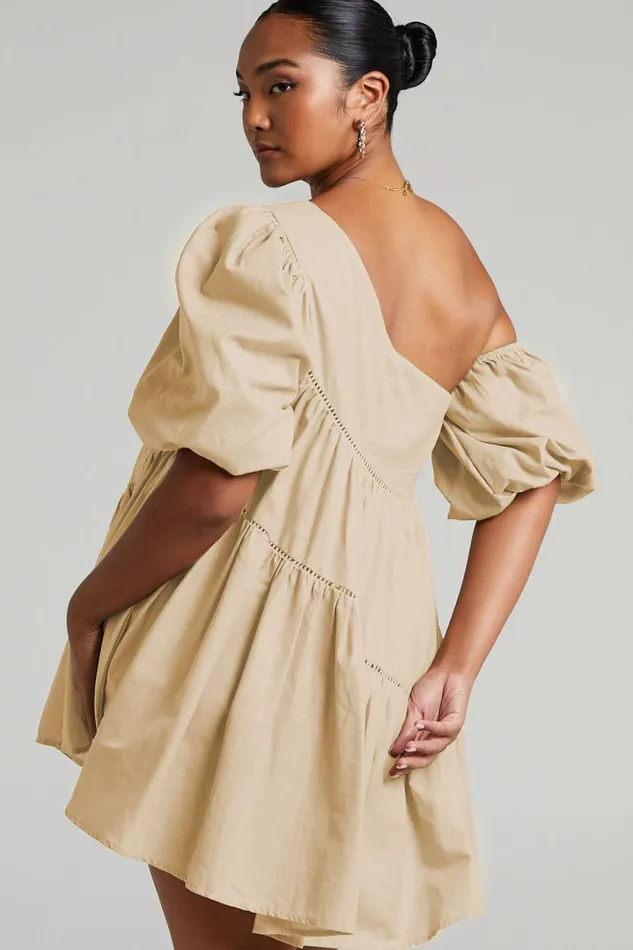Harleen Mini Dress 8211 Linen Look Asymmetrical Trim Puff Sleeve Dress In Beige Women Showpo Curve Clothes