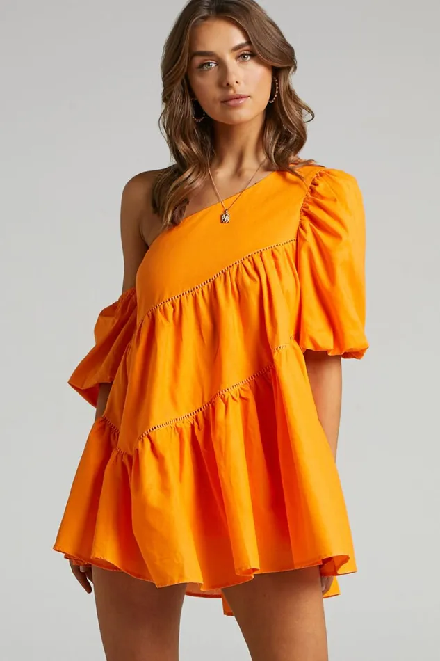 Harleen Mini Dress 8211 Linen Look Asymmetrical Trim Puff Sleeve Dress In Orange Women Showpo Curve Clothes