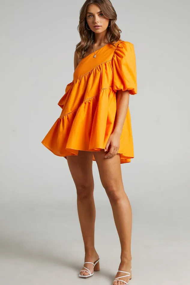 Harleen Mini Dress 8211 Linen Look Asymmetrical Trim Puff Sleeve Dress In Orange Women Showpo Curve Clothes