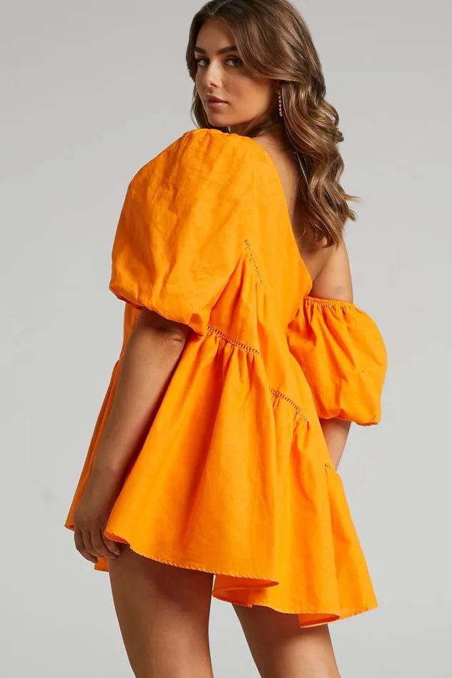 Harleen Mini Dress 8211 Linen Look Asymmetrical Trim Puff Sleeve Dress In Orange Women Showpo Curve Clothes