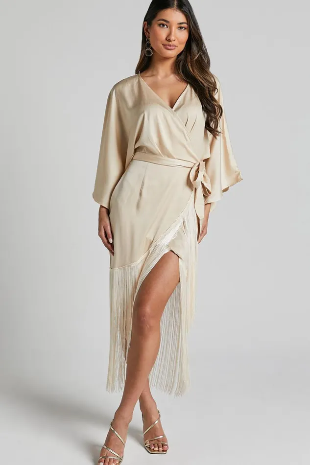 Harlen Midi Dress 8211 V Neck 34 Sleeve Asymmetric Fringe Hem Wrap Dress In Champagne Women Showpo Dresses Harlen Midi Dress 8211 V Neck 34 Sleeve Asymmetric Fringe Hem Wrap Dress In Champagne Women Showpo Dresses