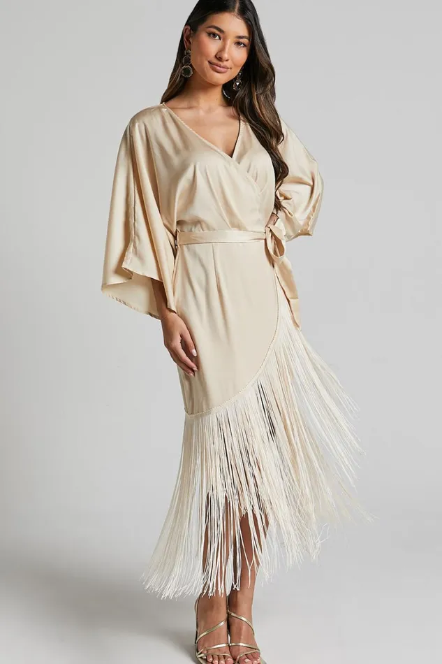 Harlen Midi Dress 8211 V Neck 34 Sleeve Asymmetric Fringe Hem Wrap Dress In Champagne Women Showpo Dresses