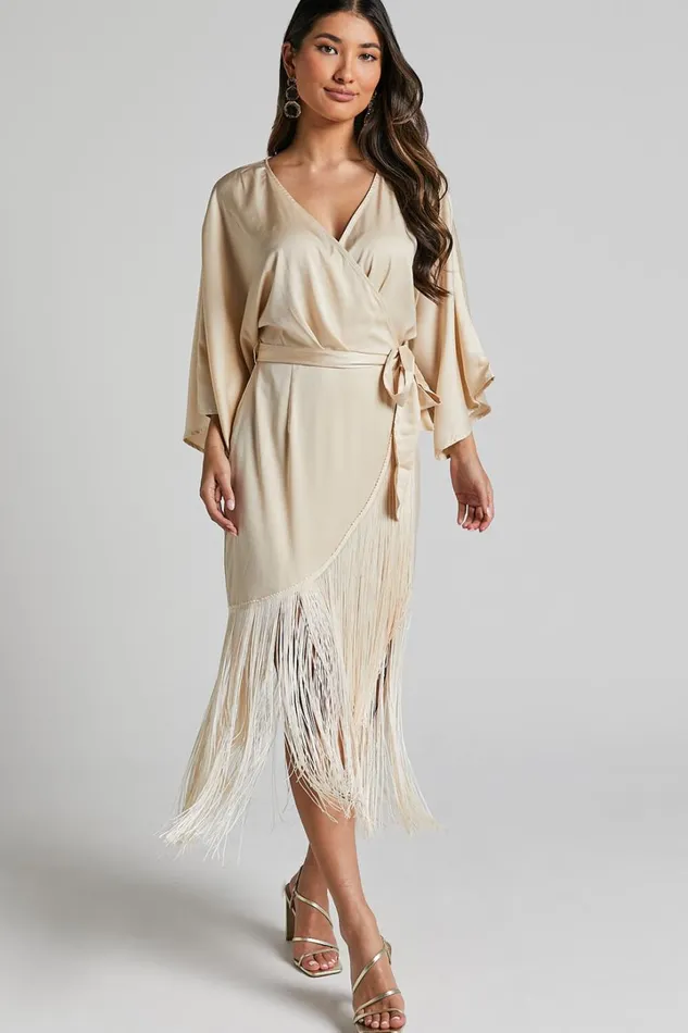 Harlen Midi Dress 8211 V Neck 34 Sleeve Asymmetric Fringe Hem Wrap Dress In Champagne Women Showpo Dresses