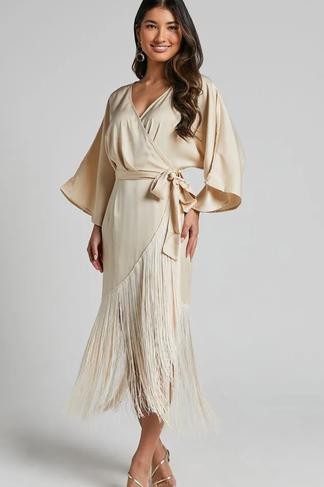 Harlen Midi Dress 8211 V Neck 34 Sleeve Asymmetric Fringe Hem Wrap Dress In Champagne Women Showpo Dresses