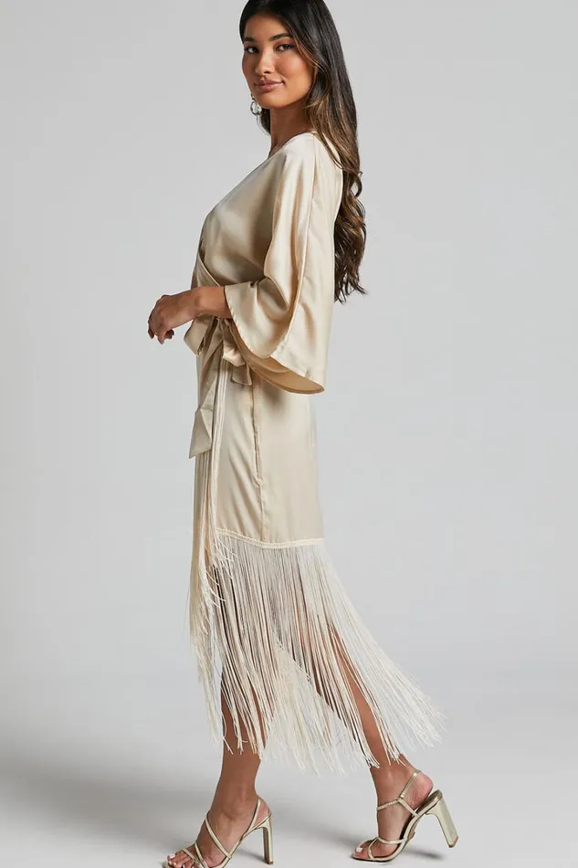 Harlen Midi Dress 8211 V Neck 34 Sleeve Asymmetric Fringe Hem Wrap Dress In Champagne Women Showpo Dresses