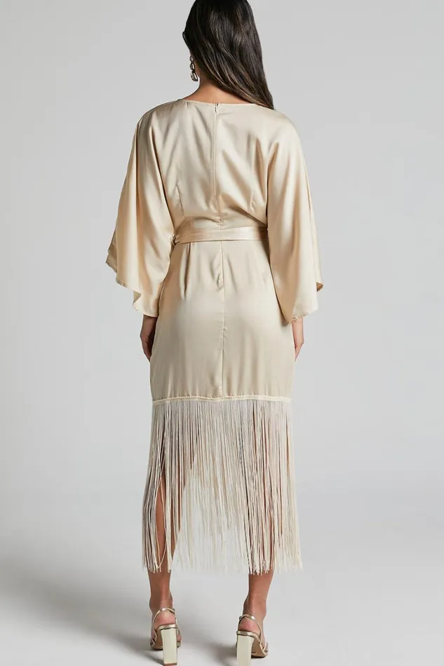 Harlen Midi Dress 8211 V Neck 34 Sleeve Asymmetric Fringe Hem Wrap Dress In Champagne Women Showpo Dresses