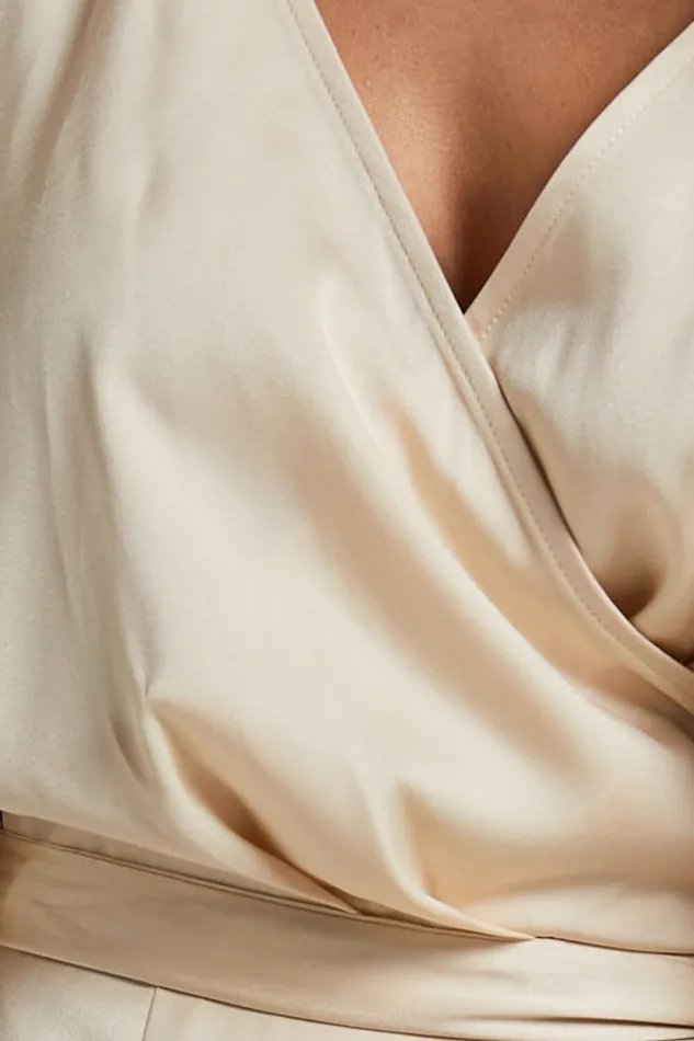 Harlen Midi Dress 8211 V Neck 34 Sleeve Asymmetric Fringe Hem Wrap Dress In Champagne Women Showpo Dresses