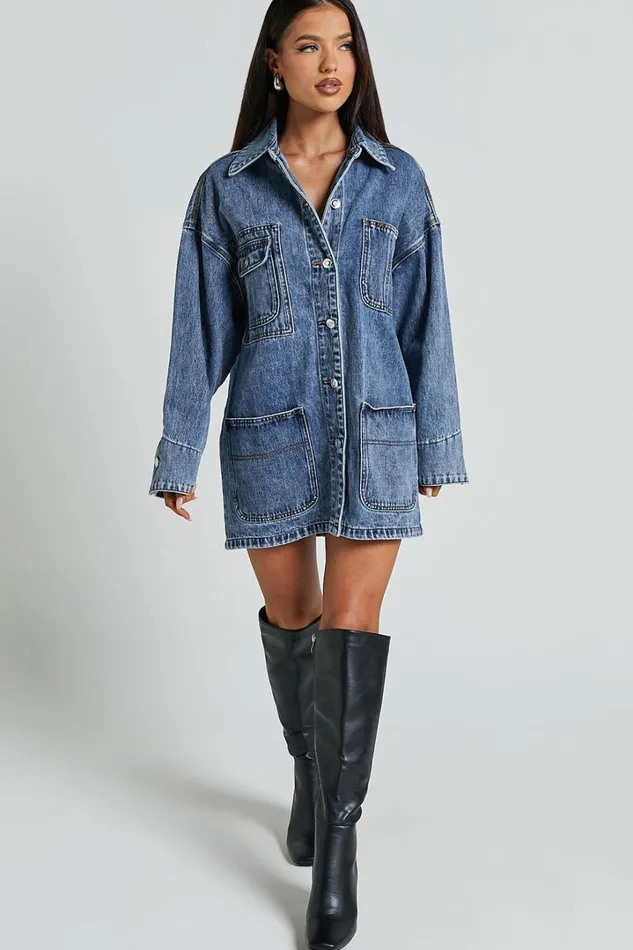 Harlow Jacket 8211 Oversized Long Sleeve Denim Jacket In Mid Blue Wash Women Showpo Jackets and Coats