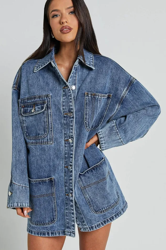 Harlow Jacket 8211 Oversized Long Sleeve Denim Jacket In Mid Blue Wash Women Showpo Jackets and Coats