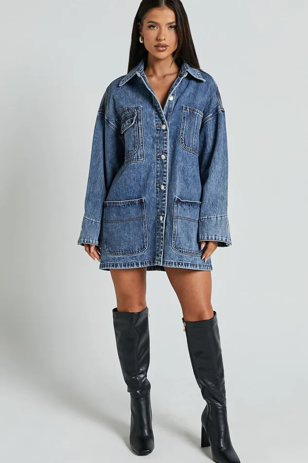 Harlow Jacket 8211 Oversized Long Sleeve Denim Jacket In Mid Blue Wash Women Showpo Jackets and Coats