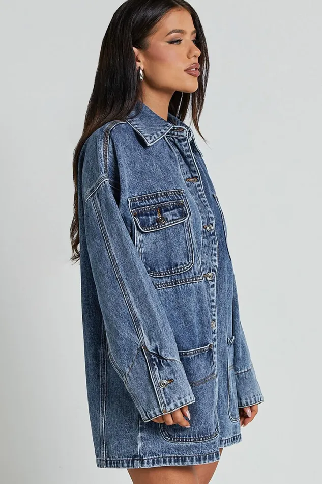 Harlow Jacket 8211 Oversized Long Sleeve Denim Jacket In Mid Blue Wash Women Showpo Jackets and Coats