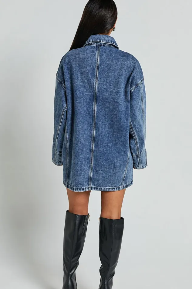 Harlow Jacket 8211 Oversized Long Sleeve Denim Jacket In Mid Blue Wash Women Showpo Jackets and Coats