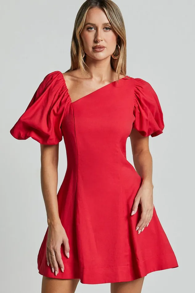 Harlow Mini Dress 8211 Asymmetric Puff Sleeve Flare Dress In Red Women Showpo Dresses