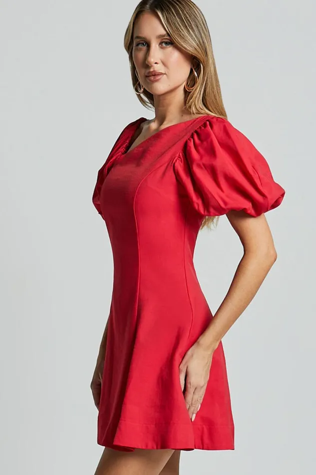 Harlow Mini Dress 8211 Asymmetric Puff Sleeve Flare Dress In Red Women Showpo Dresses