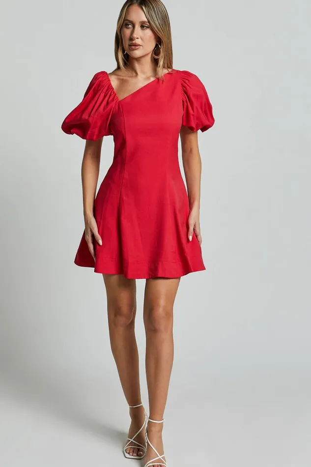 Harlow Mini Dress 8211 Asymmetric Puff Sleeve Flare Dress In Red Women Showpo Dresses