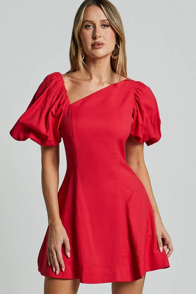 Harlow Mini Dress 8211 Asymmetric Puff Sleeve Flare Dress In Red Women Showpo Dresses