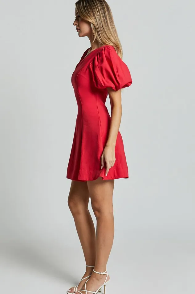Harlow Mini Dress 8211 Asymmetric Puff Sleeve Flare Dress In Red Women Showpo Dresses