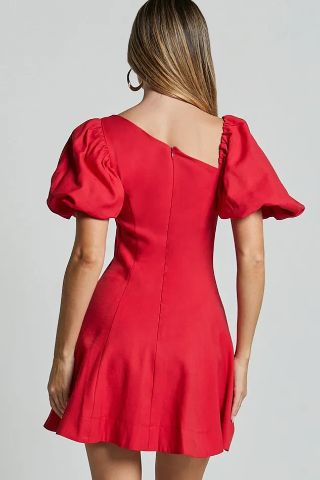 Harlow Mini Dress 8211 Asymmetric Puff Sleeve Flare Dress In Red Women Showpo Dresses
