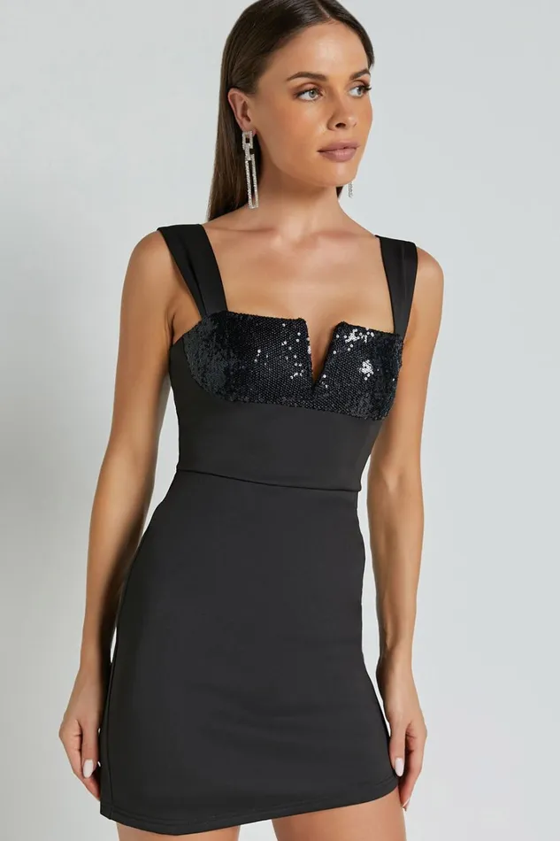 Heida Mini Dress 8211 Square Neck Sequin Contrast Bodice Dress In Black Women Showpo Dresses