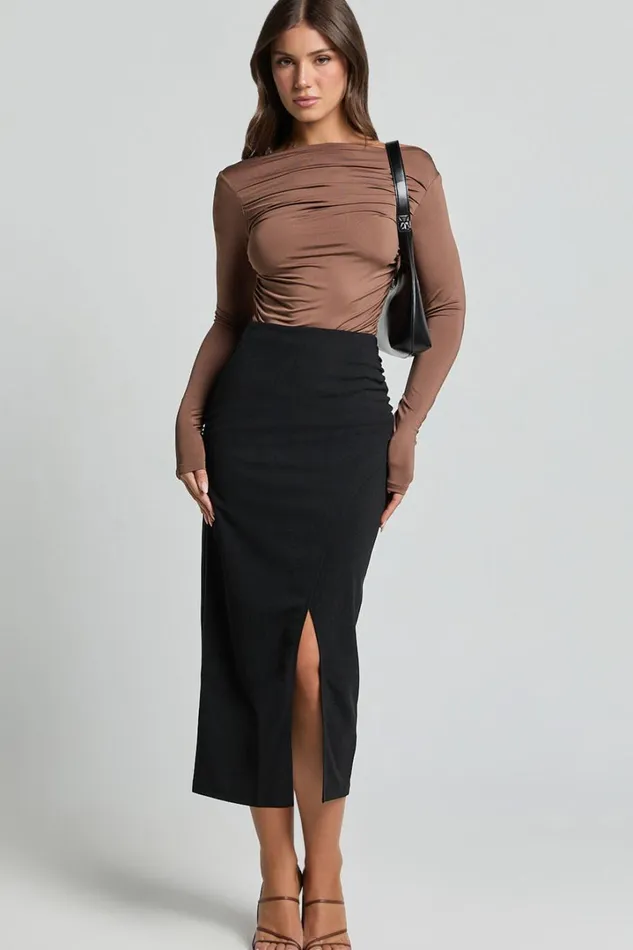 Heidi Midi Skirt 8211 Faux Wrap Skirt In Black Women Showpo Suits and Tailoring