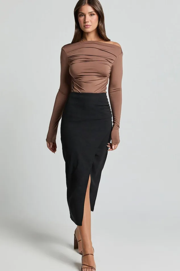 Heidi Midi Skirt 8211 Faux Wrap Skirt In Black Women Showpo Suits and Tailoring