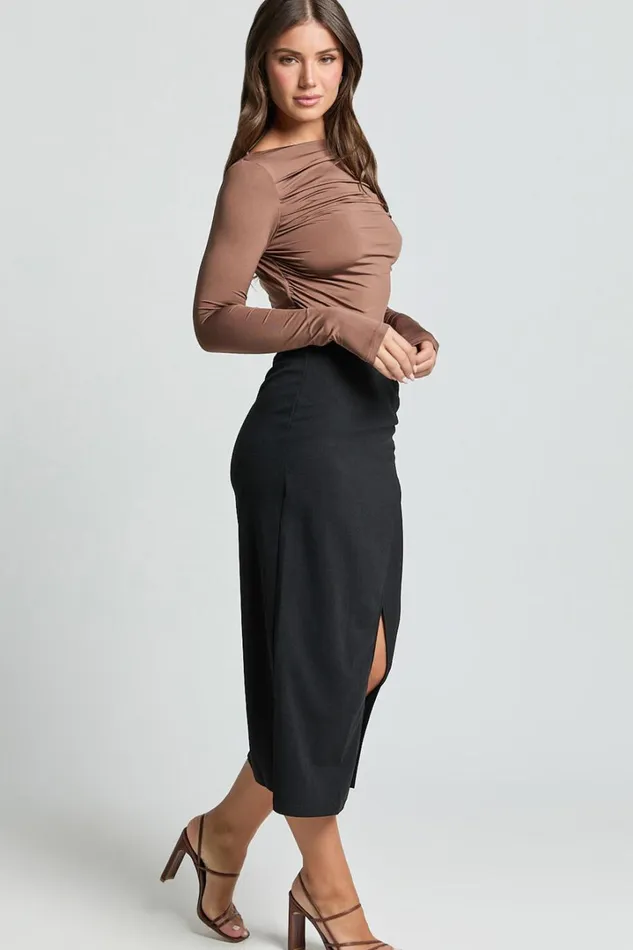 Heidi Midi Skirt 8211 Faux Wrap Skirt In Black Women Showpo Suits and Tailoring