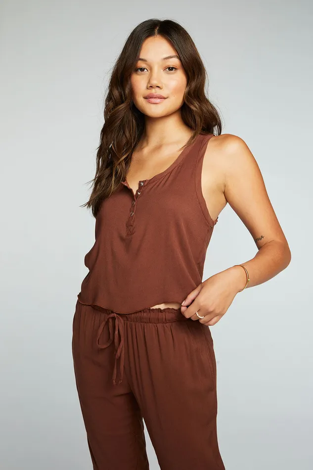 Heirloom Wovens Cropped Snap Front Racerback Henley Tops Chaser Brand Womens