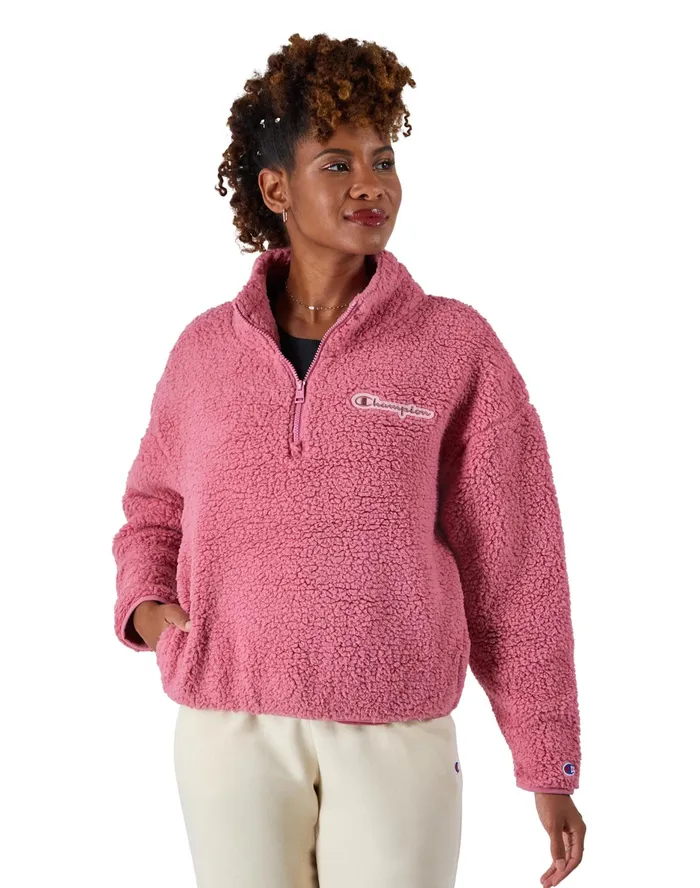 High Pile Zip Pullover Script Logo Terracotta Pink Women Champion Jackets