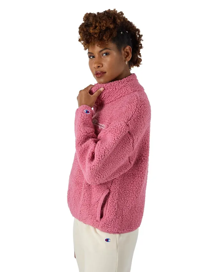 High Pile Zip Pullover Script Logo Terracotta Pink Women Champion Jackets