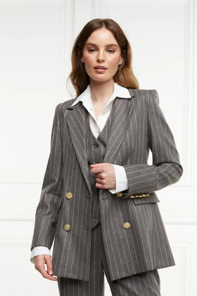 Holland Cooper Blazers Women Double Breasted Blazer Soft Grey Pinstripe