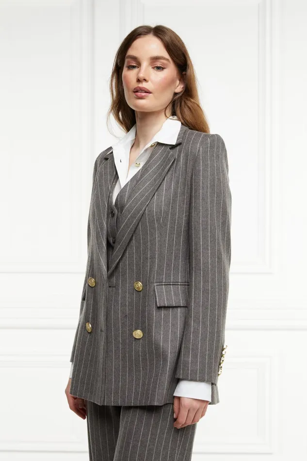 Holland Cooper Blazers Women Double Breasted Blazer Soft Grey Pinstripe