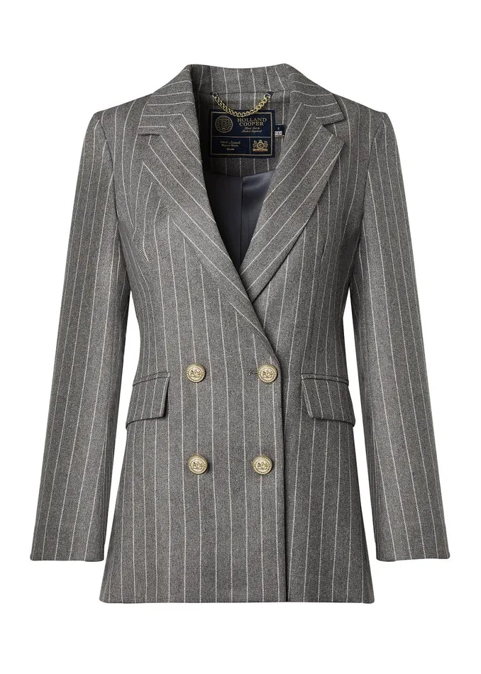 Holland Cooper Blazers Women Double Breasted Blazer Soft Grey Pinstripe