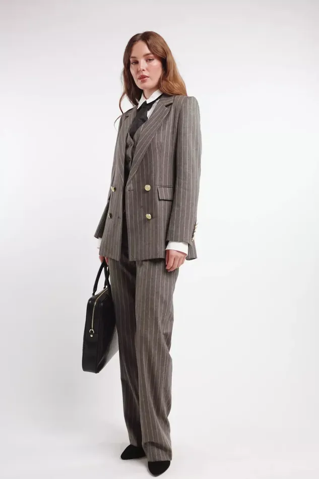 Holland Cooper Blazers Women Double Breasted Blazer Soft Grey Pinstripe