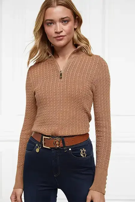 Holland Cooper Knitwear Women Ava Quarter Zip Knit Dark Camel Marl Holland Cooper Knitwear Women Ava Quarter Zip Knit Dark Camel Marl