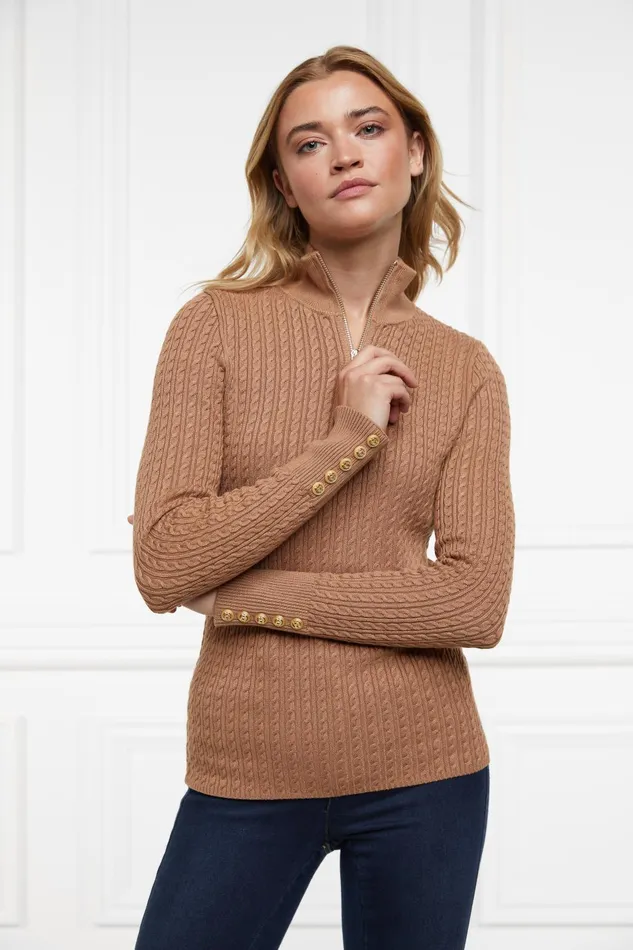Holland Cooper Knitwear Women Ava Quarter Zip Knit Dark Camel Marl Holland Cooper Knitwear Women Ava Quarter Zip Knit Dark Camel Marl