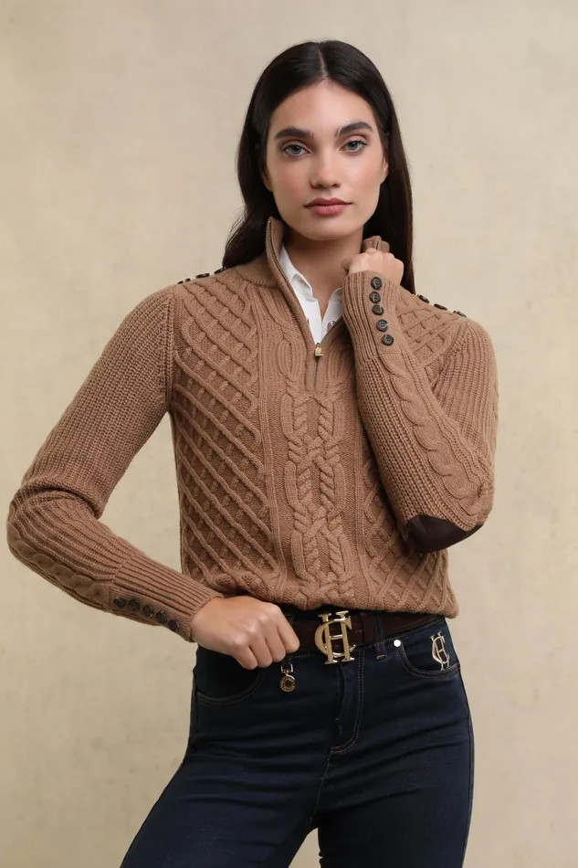 Holland Cooper Knitwear Women Country Cable Quarter Zip Knit Caramel