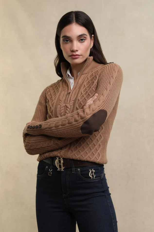 Holland Cooper Knitwear Women Country Cable Quarter Zip Knit Caramel Holland Cooper Knitwear Women Country Cable Quarter Zip Knit Caramel