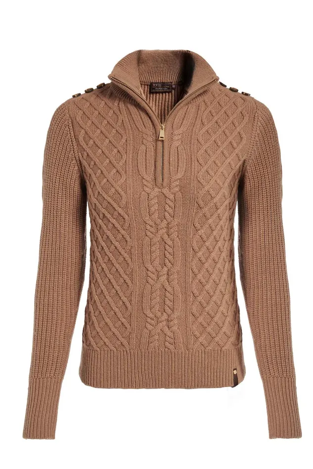 Holland Cooper Knitwear Women Country Cable Quarter Zip Knit Caramel Holland Cooper Knitwear Women Country Cable Quarter Zip Knit Caramel