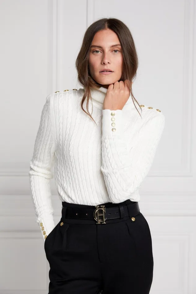 Holland Cooper Knitwear Women Seattle Roll Neck Cable Knit Winter White Holland Cooper Knitwear Women Seattle Roll Neck Cable Knit Winter White