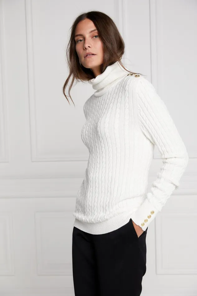 Holland Cooper Knitwear Women Seattle Roll Neck Cable Knit Winter White Holland Cooper Knitwear Women Seattle Roll Neck Cable Knit Winter White